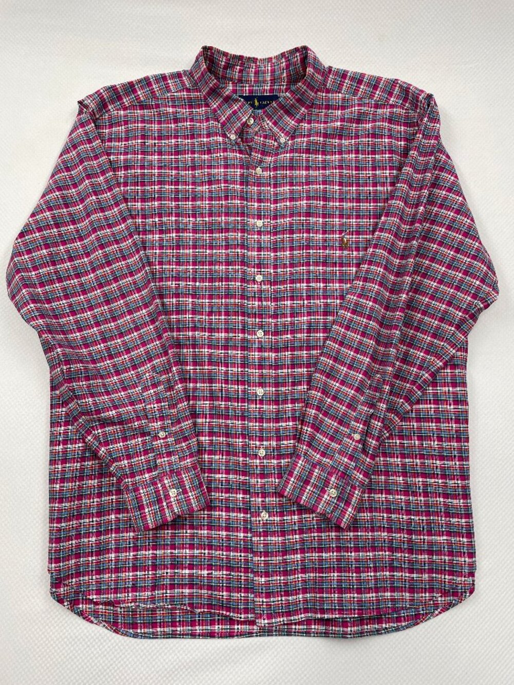 Ralph Lauren Button Down Shirt Pink Blue Plaid Pony Logo Men's 2XB XXL Big Man